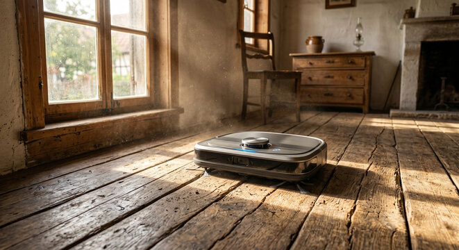 Futuristic robot vacuum navigating a rustic wooden floor in a cinematic contrast style, blending advanced technology with weathered countryside textures