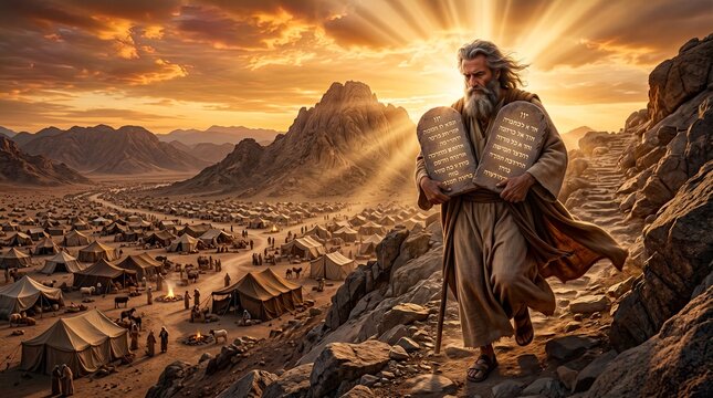 Moses Descending Mount Sinai with the Ten Commandments a Vast Desert Encampment Illuminated by Dramatic Sunset Light Biblical Exodus Covenant