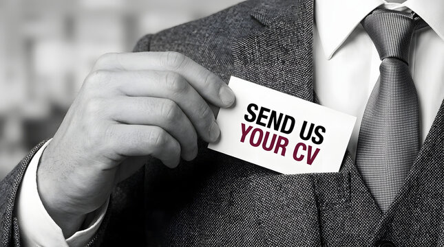 Businessman Offering Business Card with 'Send Us Your CV' Text for Job Application. Generated with AI
