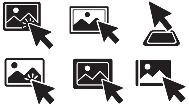 Dark interface icon set showing image thumbnail selection with mouse cursor pointer for gallery upload and design editing concepts