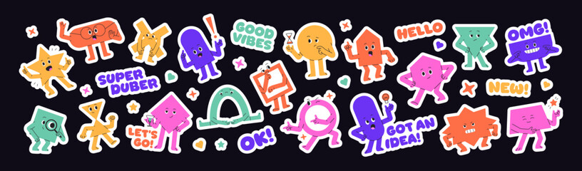 Sticker pack of cute geometric shapes. Set of funny math figures with different gestures- hello, ok, sad or happy faces. Triangles, squares, circle with emotions. Flat isolated vector illustrations © Paper Trident