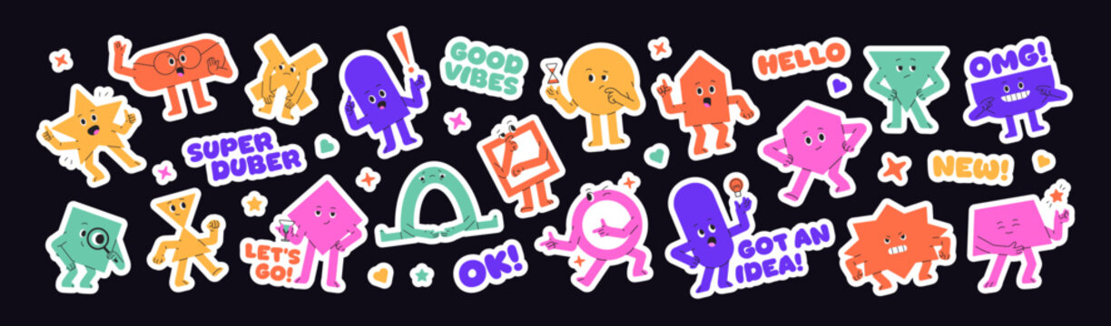 Sticker pack of cute geometric shapes. Set of funny math figures with different gestures- hello, ok, sad or happy faces. Triangles, squares, circle with emotions. Flat isolated vector illustrations