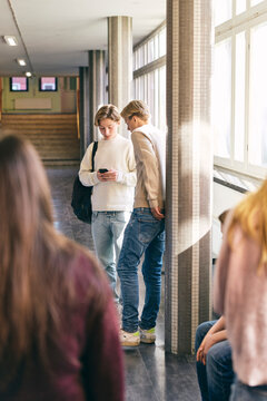 Teenage boy standing with male friend using smart phone while standing in school lobby
