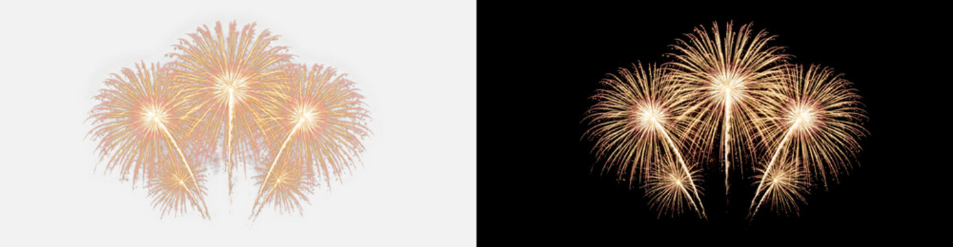 Golden orange fireworks spray with launch trails light effect on transparent background