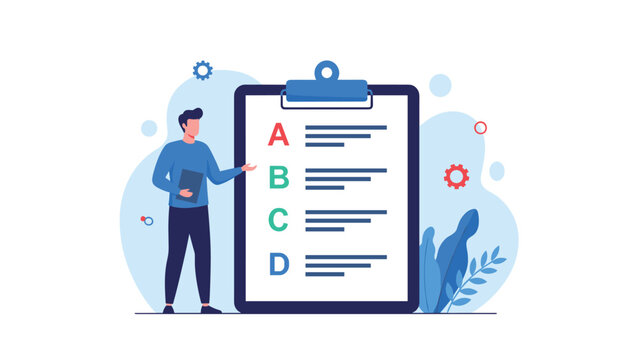 Professional man presenting a giant white clipboard with an ABCD checklist to show evaluation, grading, and testing procedures.
