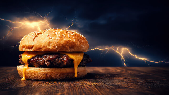 Burger Under Dramatic Lightning Sky