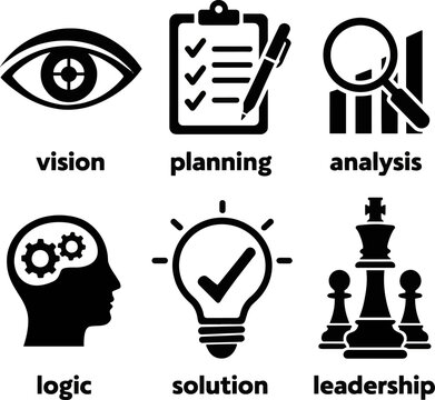 Create a strategic thinking solid icon set. vision, planning, analysis, logic, solution, leadership. editable vector art with white background..
