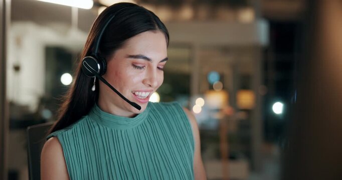 Headset, smile and consultant in office at night with multilingual advisory for global client. Happy, woman and call center agent with mic for international customer support with crm in workplace.