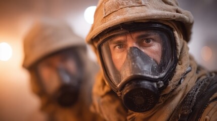 Fototapeta premium Two men in gas masks stand in a dusty, hazy setting, highlighting the gravity of their situation and the importance of safety, health, and resilience in challenging environments.