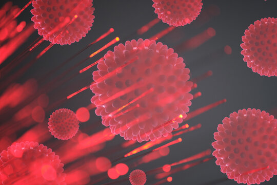 Abstract red virus cells illustration with glowing laser rays on dark background graphics.