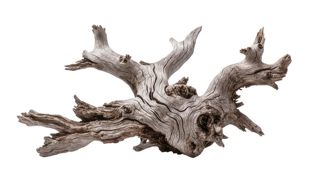 Gnarly weathered driftwood branch with intricate texture, isolated on transparent background