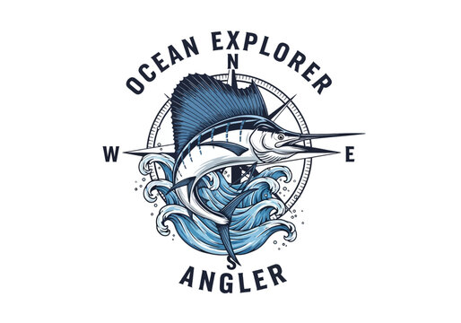 Vintage Sport Fishing Emblem with Marlin Sailfish, Compass Rose, and Waves - Ocean Explorer Angler Graphic