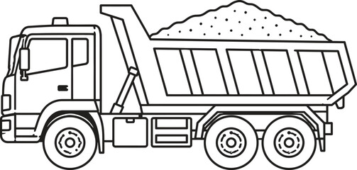 Dump Truck Loaded with Gravel Line Art Illustration, Construction Vehicle Outline Drawing © iank