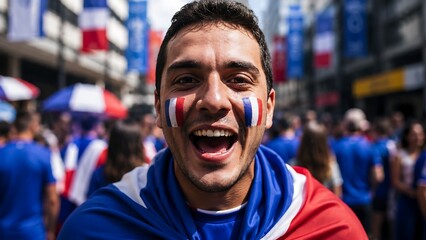 Fototapeta premium Happy man with france flag draped over shoulders and painted cheeks at street celebration.