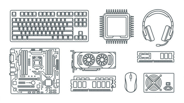 Computer Hardware Line Icons Set with Keyboard GPU Processor and Gaming Accessories