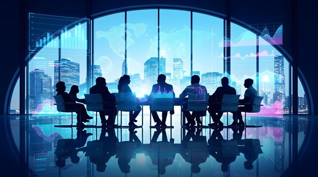 Silhouettes of business professionals in a modern boardroom with city skyline and financial data overlays.