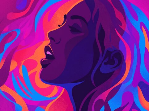 adult young woman, moaning with open mouth, 2d illustration in vibrant silhouette style