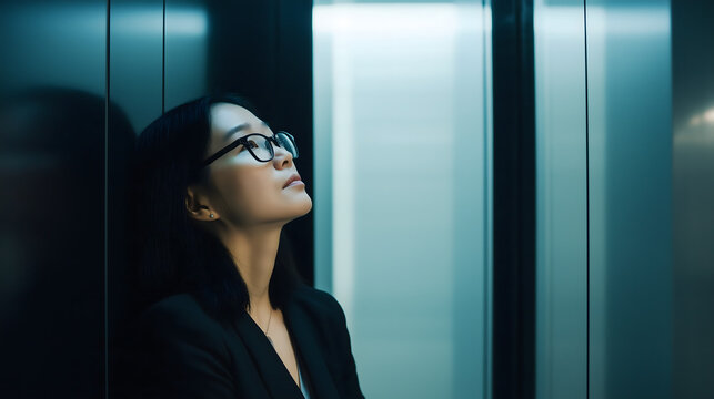 Confident businesswoman in sunglasses resting against elevator wall in modern office building