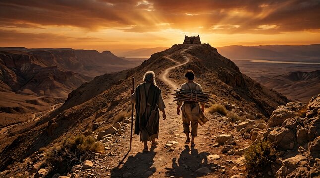 Solemn Biblical Journey of Abraham and Isaac Ascending Winding Desert Path Towards a Stone Altar Dramatic Sunset Light