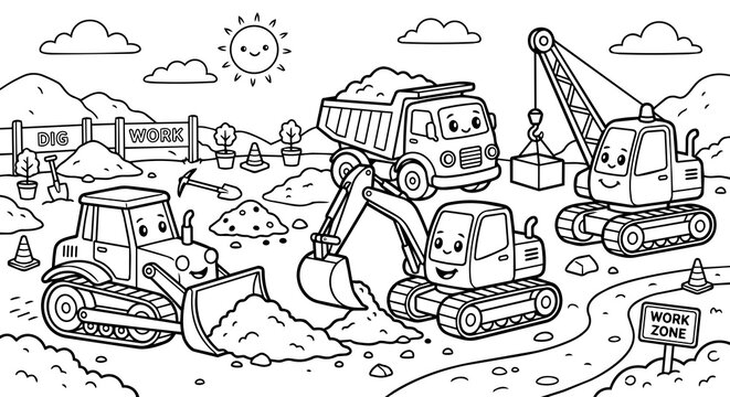 Cute construction vehicles working together coloring book page