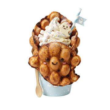 Cute ghost bubble waffle ice cream isolated. Halloween dessert