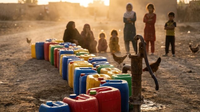 Group of people and children waiting near water pump in rural village with colorful plastic water containers.