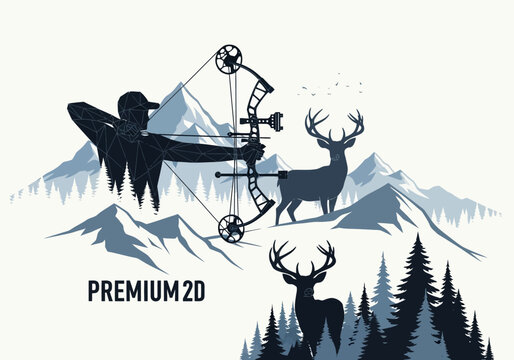 Bow Hunter Silhouette with Compound Bow, Stags, and Mountain Range Landscape Illustration
