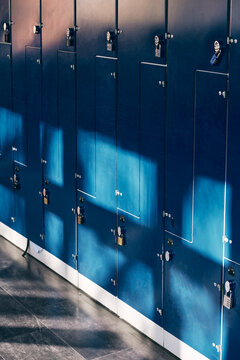Blue closed locker at junior high school lobby