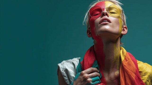 A striking portrait of a model with colorful face paint, wearing oversized sunglasses that complement the vivid hues, embracing self-expression in a bold artistic manner.