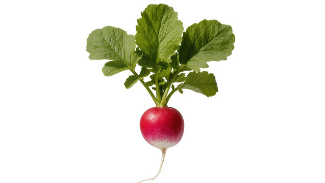 Fresh red radish with green leaves, isolated on transparent background