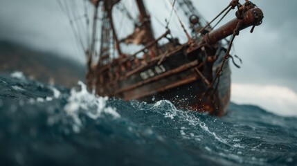 Obraz premium An aged ship battles against the turbulent waves in a stormy sea, capturing the essence of adventure, exploration, and the relentless power of nature.