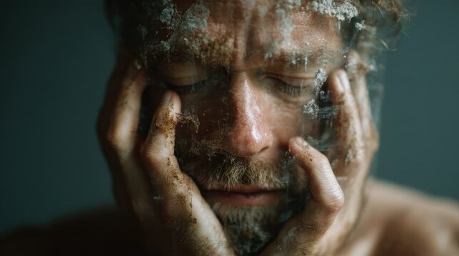 A man appears deeply contemplative behind a glass surface, emotionally expressive with a glimmer of introspection and earthy textures enhancing the poignancy of the moment.