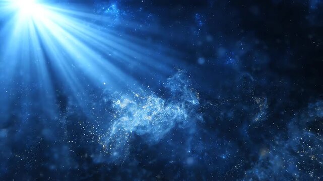 Cinematic deep blue atmosphere with divine light beams and shimmering dust particles moving slowly through a dark ethereal void