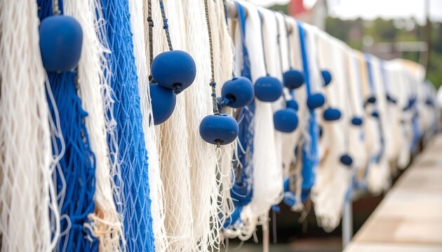 White and blue fishing nets hang with blue floaters on a pier; bokeh blur shows depth, suggesting a coastal scene