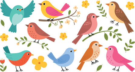 Fototapeta premium Spring birds collection cute colorful vector illustration set
