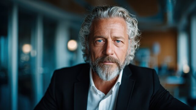 A confident businessman with gray hair and a beard gazes directly at the camera, exuding professionalism and charisma in a modern office setting filled with soft lighting.