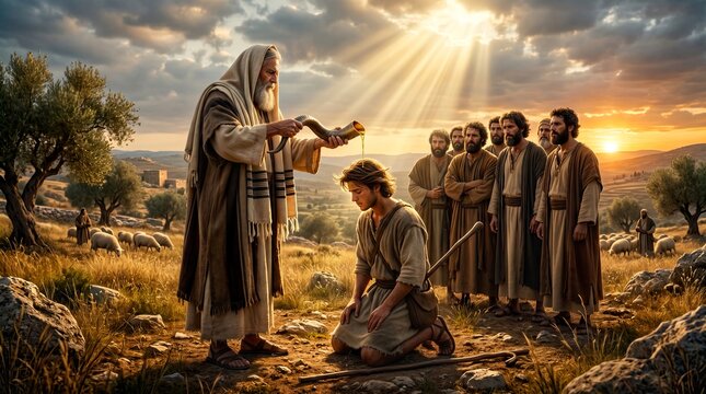 Prophet Samuel Anointing David as Future King Amidst Ancient Landscape Solemn Ceremony Divine Light