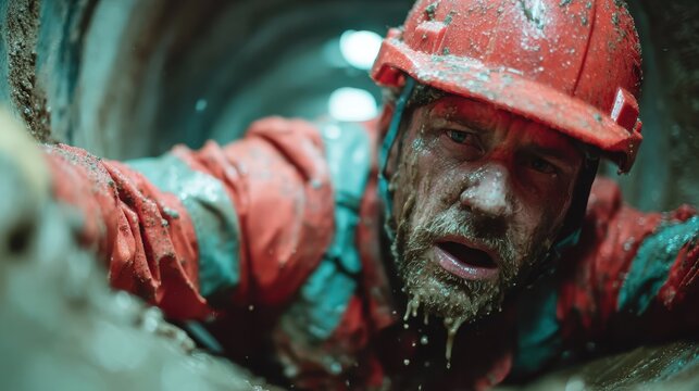 A gritty scene capturing a worker navigating an underground tunnel, showcasing determination and resilience amidst challenging conditions, epitomizing hard labor.