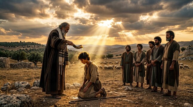 Prophet Samuel Anointing Young David in a Golden Field Watched by His Brothers Symbolic Biblical Scene