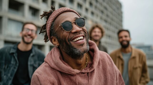 A close-knit group of friends enjoy a fun moment together, their bright smiles showcasing friendship and camaraderie against an urban backdrop reflecting modern life.