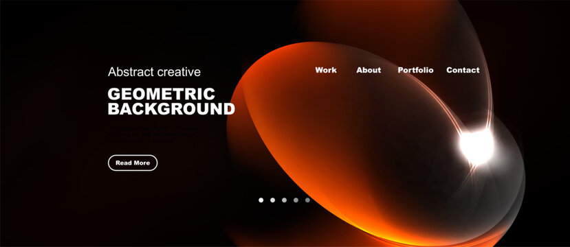 Dark background features vibrant orange abstract shapes. Website navigation includes work, about, portfolio, contact options. Read more button visible.