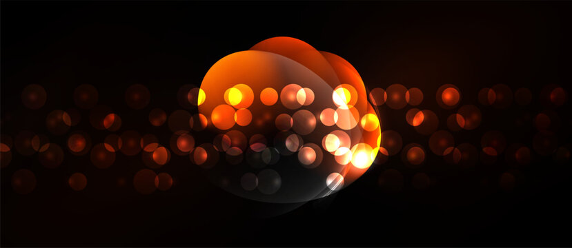 Dark background features glowing orange spheres, creating abstract light effect. Bubbles radiate warmth, depth.