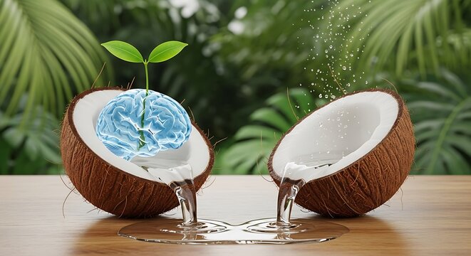 Fresh coconut water being poured into split coconut with tropical greenery background