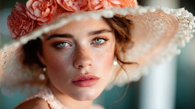 A portrait of an elegant woman adorned with a floral hat, radiating natural beauty and charm while highlighting her freckles against a softly blurred background.