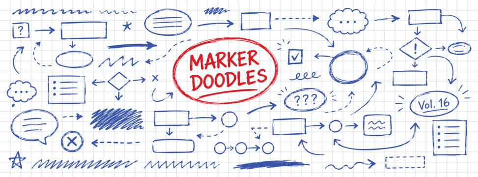 Set of hand-drawn marker doodles, including arrows, speech bubbles, flowchart shapes, and symbols on a grid paper background.