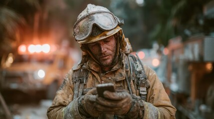 Obraz premium A weary firefighter stands covered in dust and sweat, focused on a phone amidst chaos, embodying resilience and the critical nature of communication during emergencies.