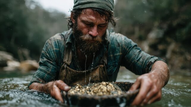 A focused gold panner immerses himself in the river, showcasing his determination and connection to nature as he searches for treasures in the water.