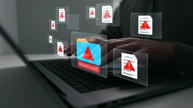 Cyber security alert showing hacked files, folders and documents, system warning and spam threats. Digital data breach concept for online protection and recovery, safety.