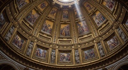 Obraz premium Magnificent Dome Interior with Religious Frescoes and Light Rays.