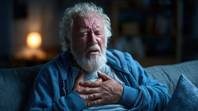 An elderly man is captured in a poignant moment, clutching his chest as emotions take hold, representing vulnerability, health struggles, and the human condition in soft lighting.